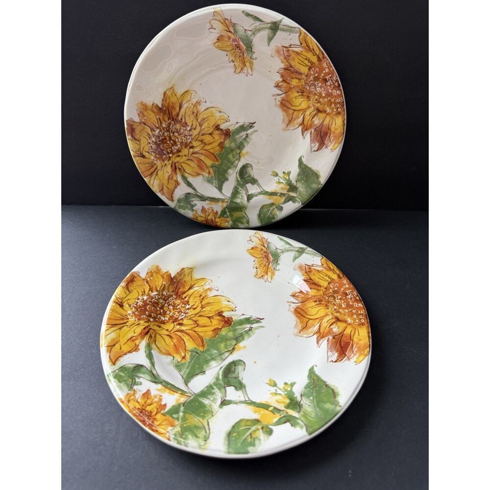 Pier 1 Sunflower Blooms Salad Plates Set (2) 8 3/4” Ironstone Discontinued